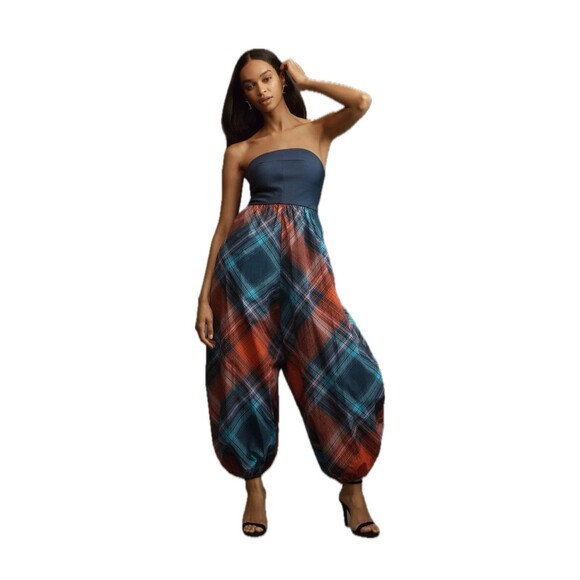Anthropologie Strapless Plaid Jumpsuit - Blue and Red - Picture 1 of 12